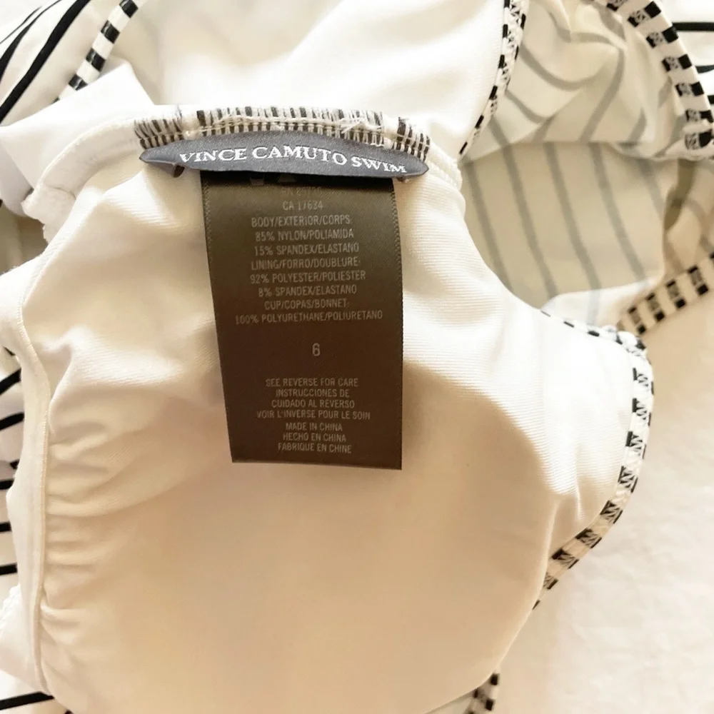 Vince Camino black and white‎ striped off-shoulder one piece swimsuit